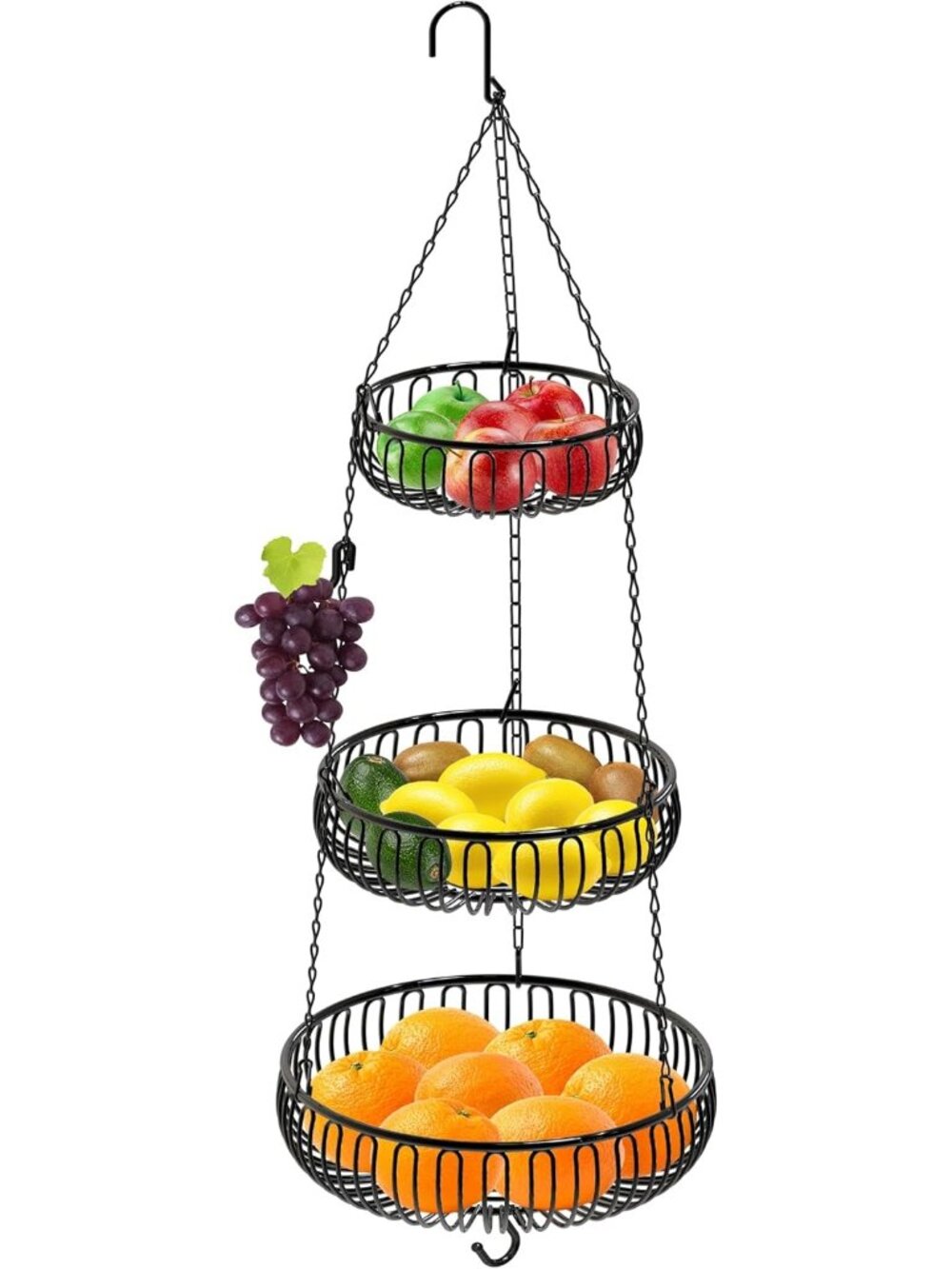 New Black Oblate Metal Hanging Fruit Basket 3-Tier 11 x 11 x 30 inch